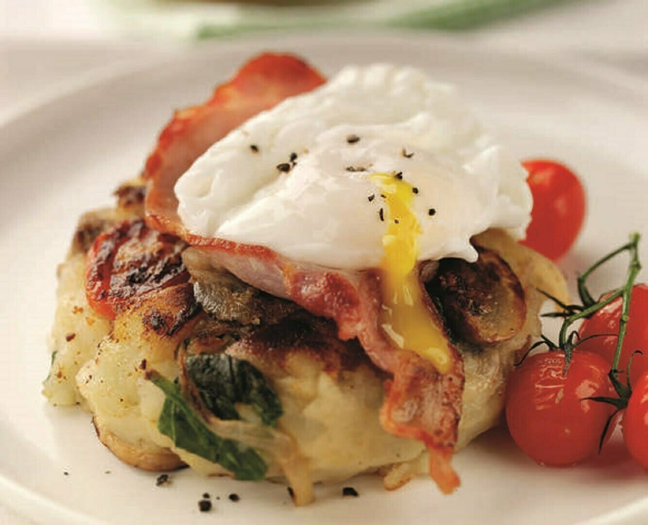Breakfast Hash with Bacon and Poached Eggs